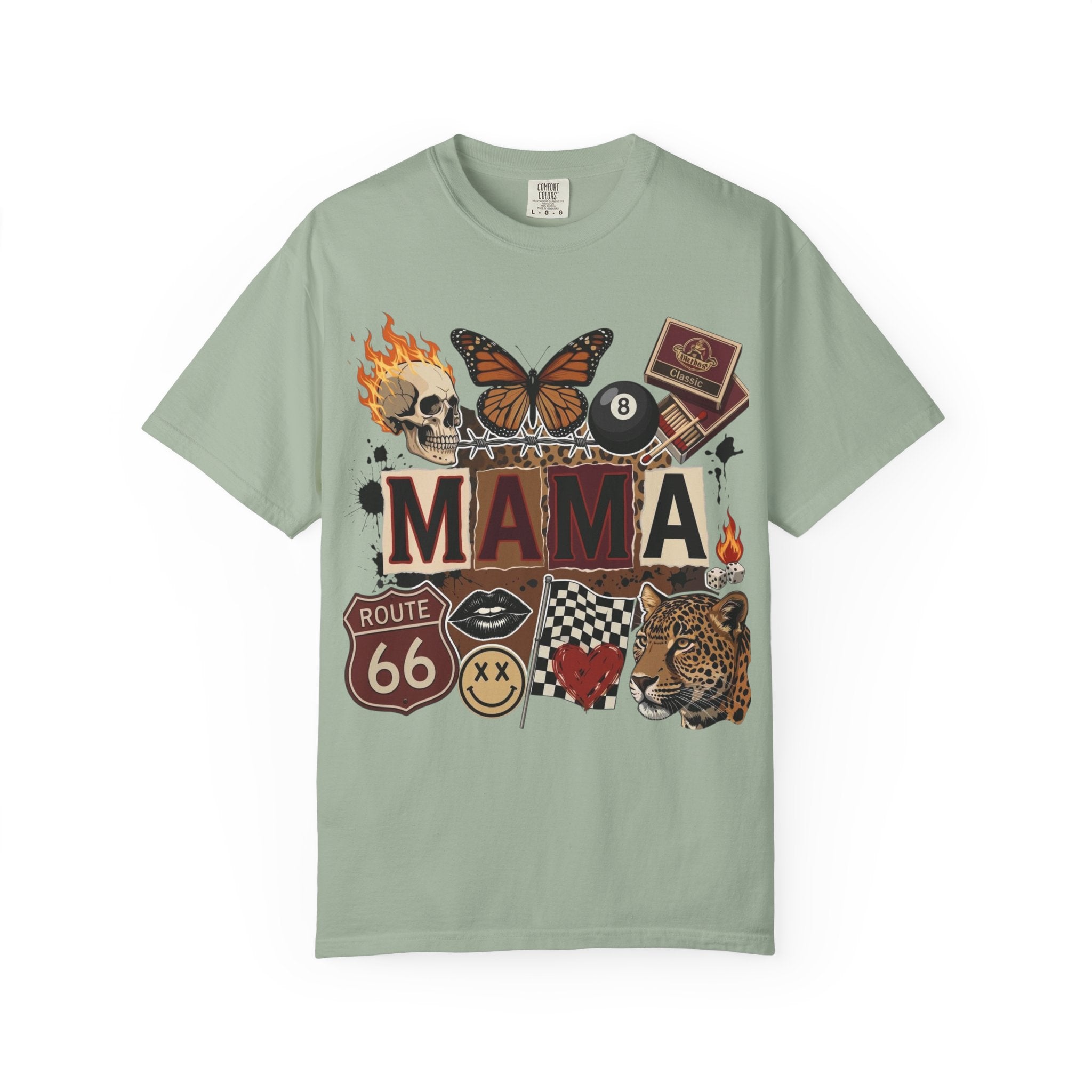Mama Retro Patchwork Tee — Vintage Route 66, Tiger & Skull Graphic T-Shirt
