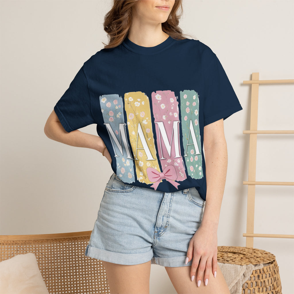 Mama Floral Stripes T-Shirt — Pastel Mom Shirt with Bow