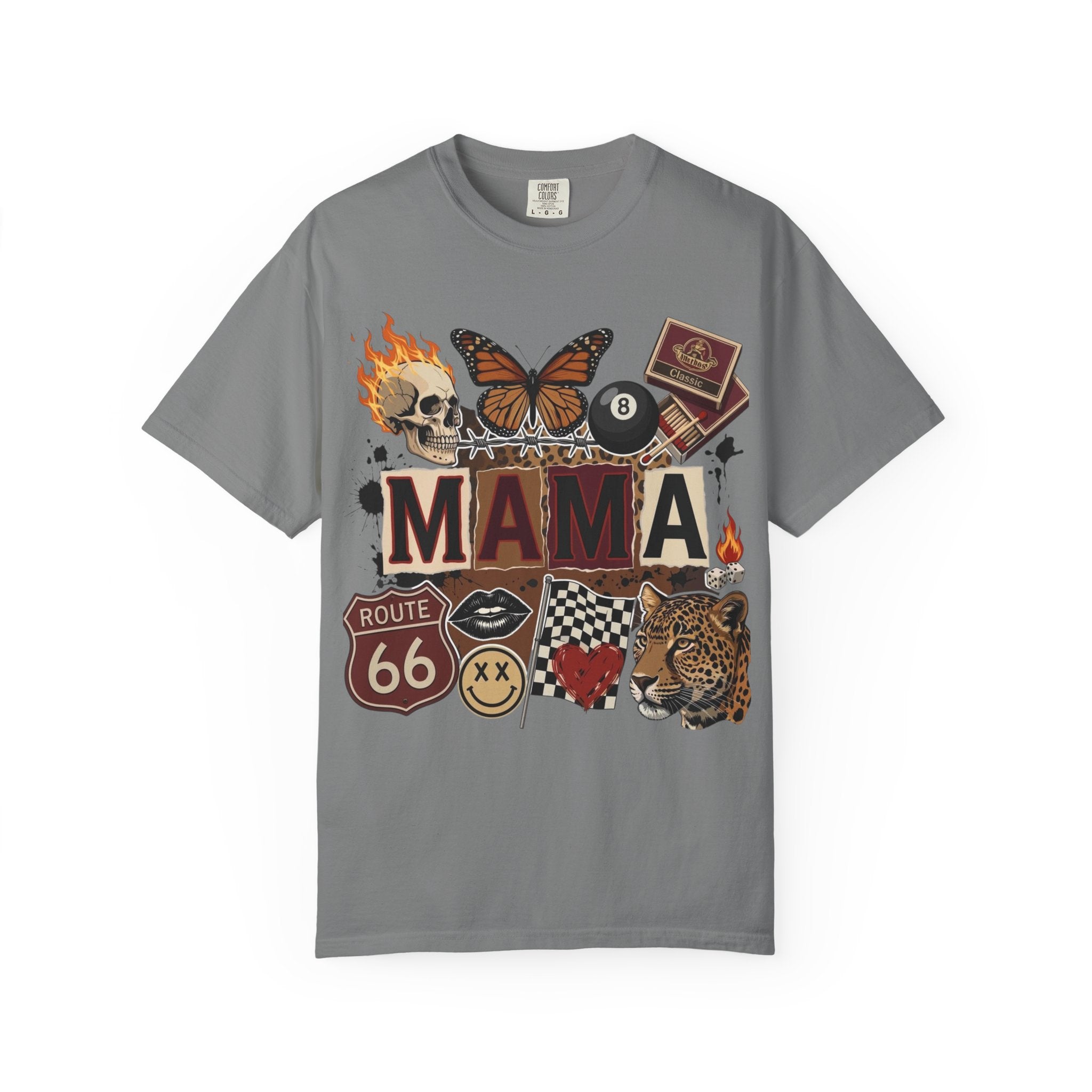 Mama Retro Patchwork Tee — Vintage Route 66, Tiger & Skull Graphic T-Shirt