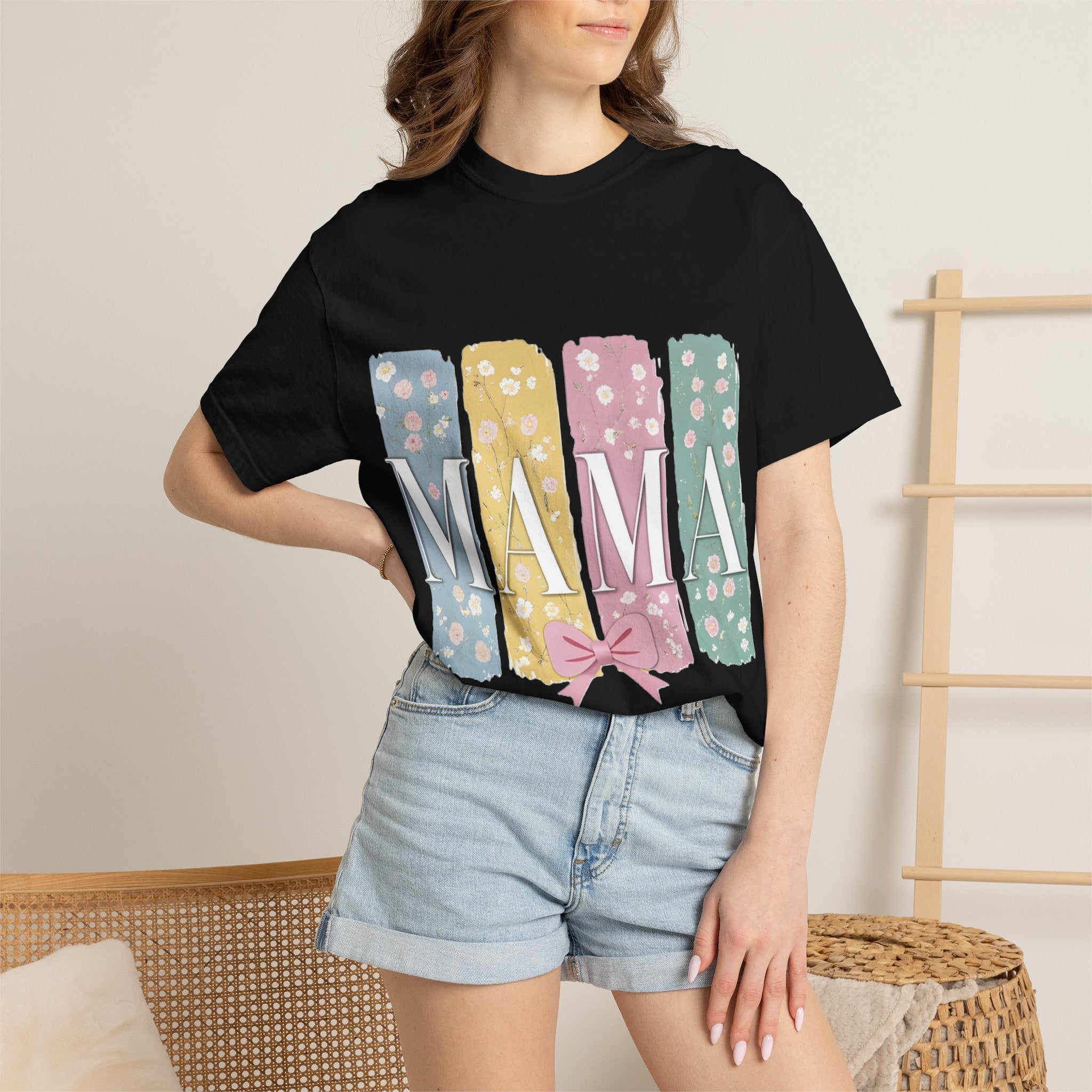 Mama Floral Stripes T-Shirt — Pastel Mom Shirt with Bow