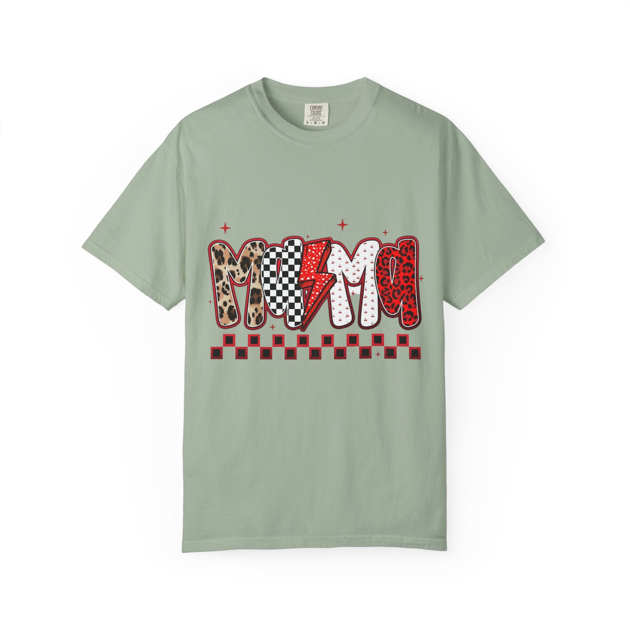 Mom Lightning Bolt Graphic T-Shirt — Retro Checker & Leopard Print Cute Mom Tee