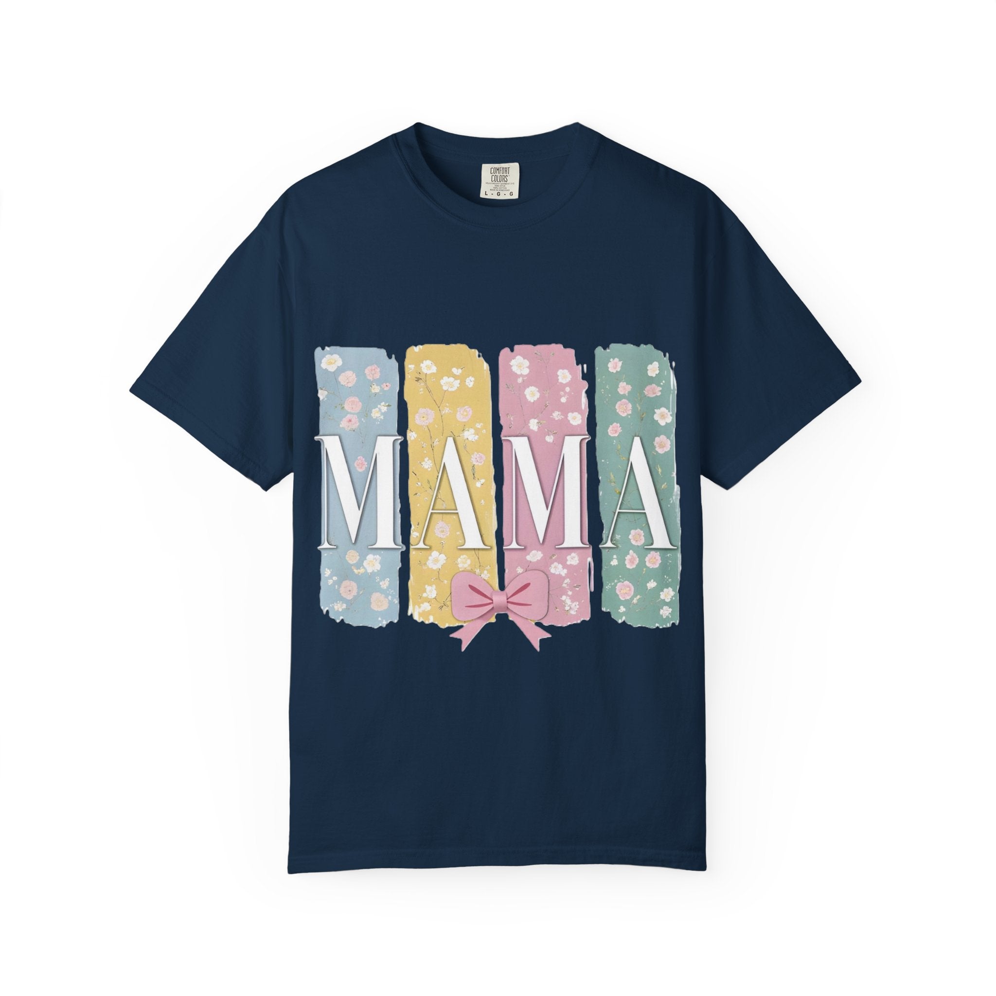 Mama Floral Stripes T-Shirt — Pastel Mom Shirt with Bow