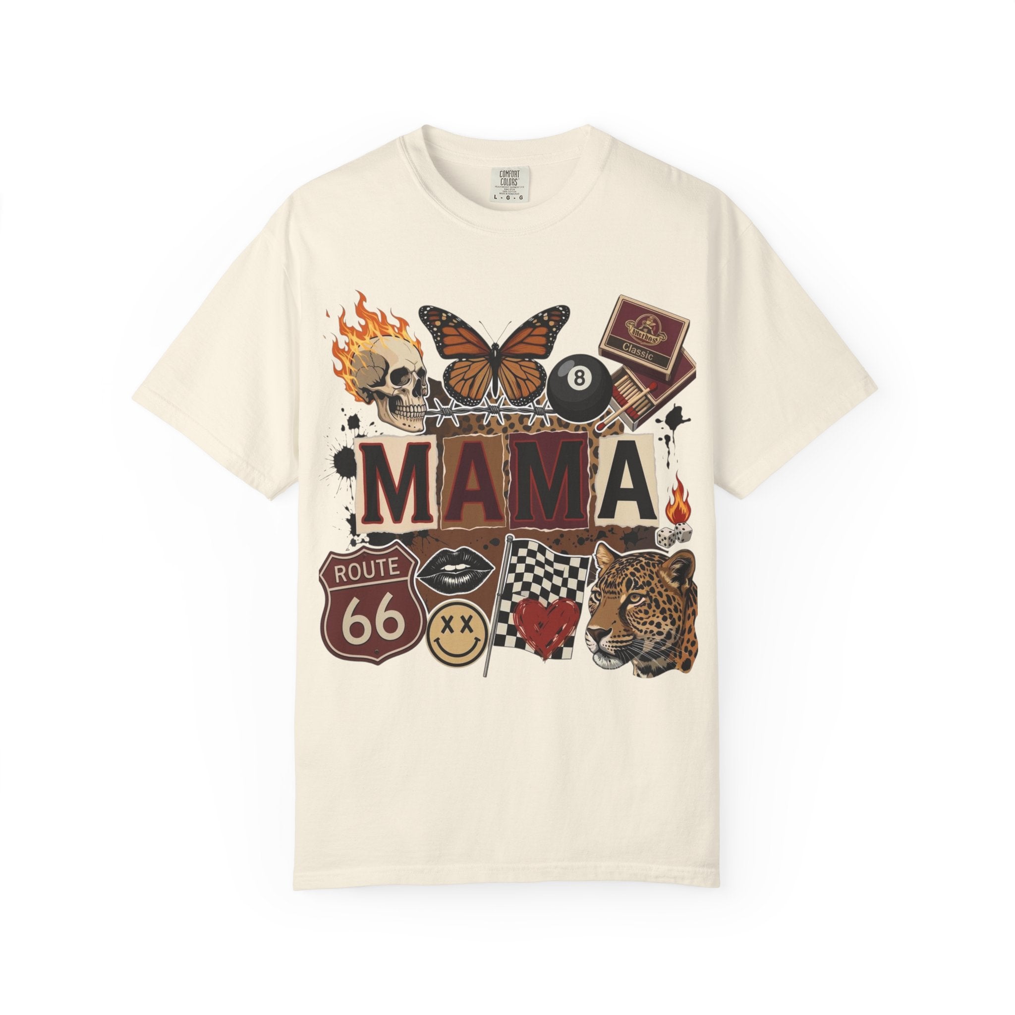 Mama Retro Patchwork Tee — Vintage Route 66, Tiger & Skull Graphic T-Shirt