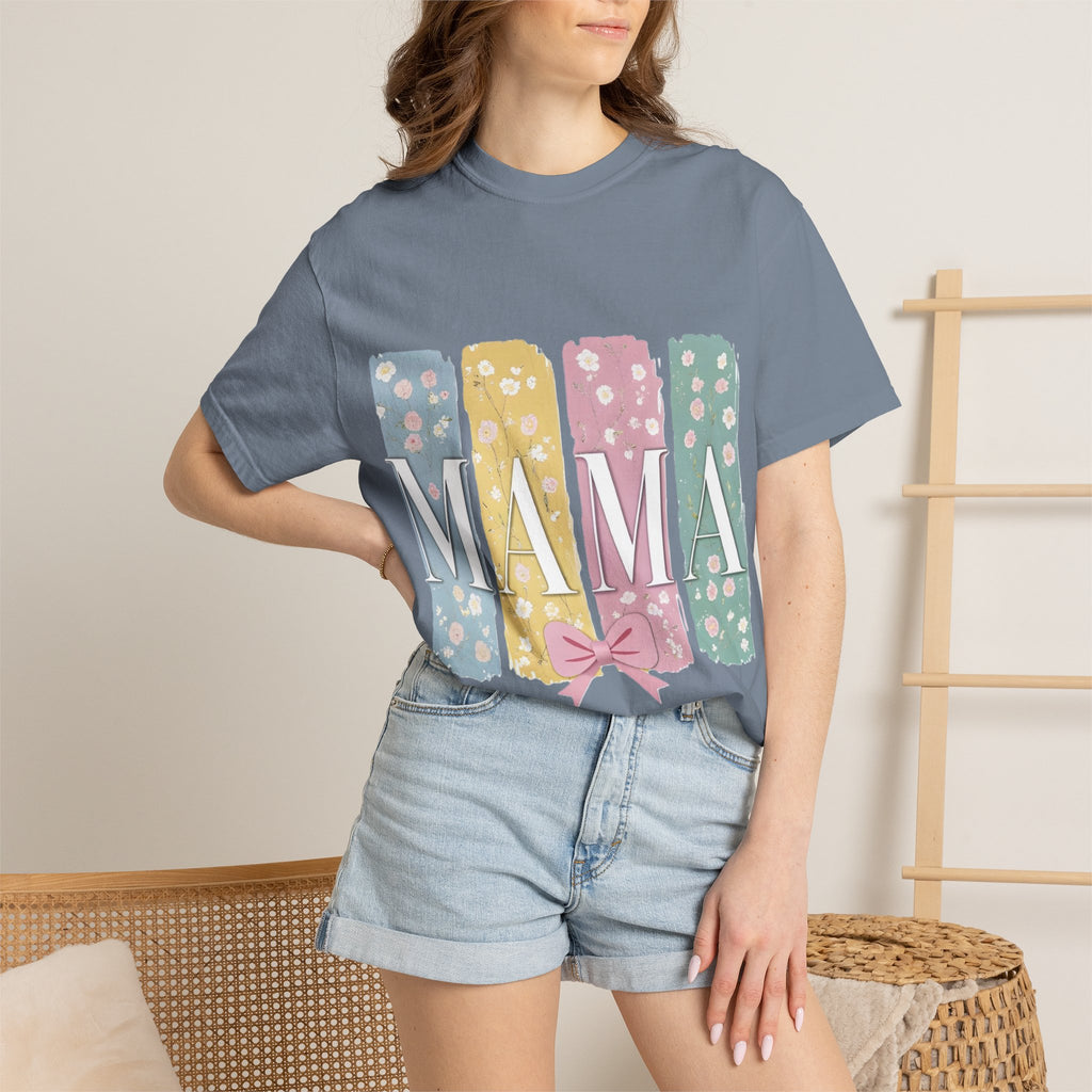Mama Floral Stripes T-Shirt — Pastel Mom Shirt with Bow