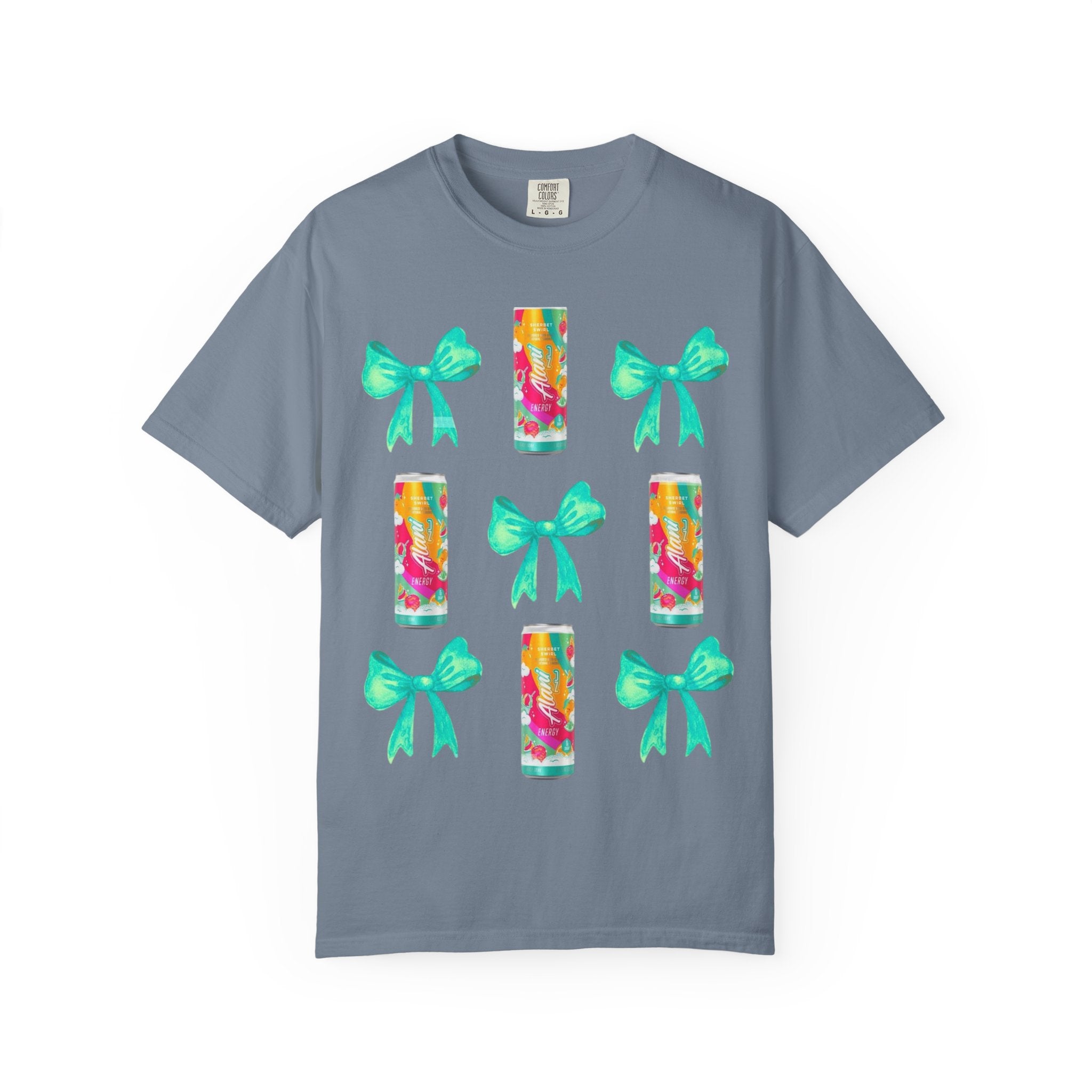 Bow & Can Pattern T-Shirt — Colorful Soda Can and Teal Bows Graphic Tee