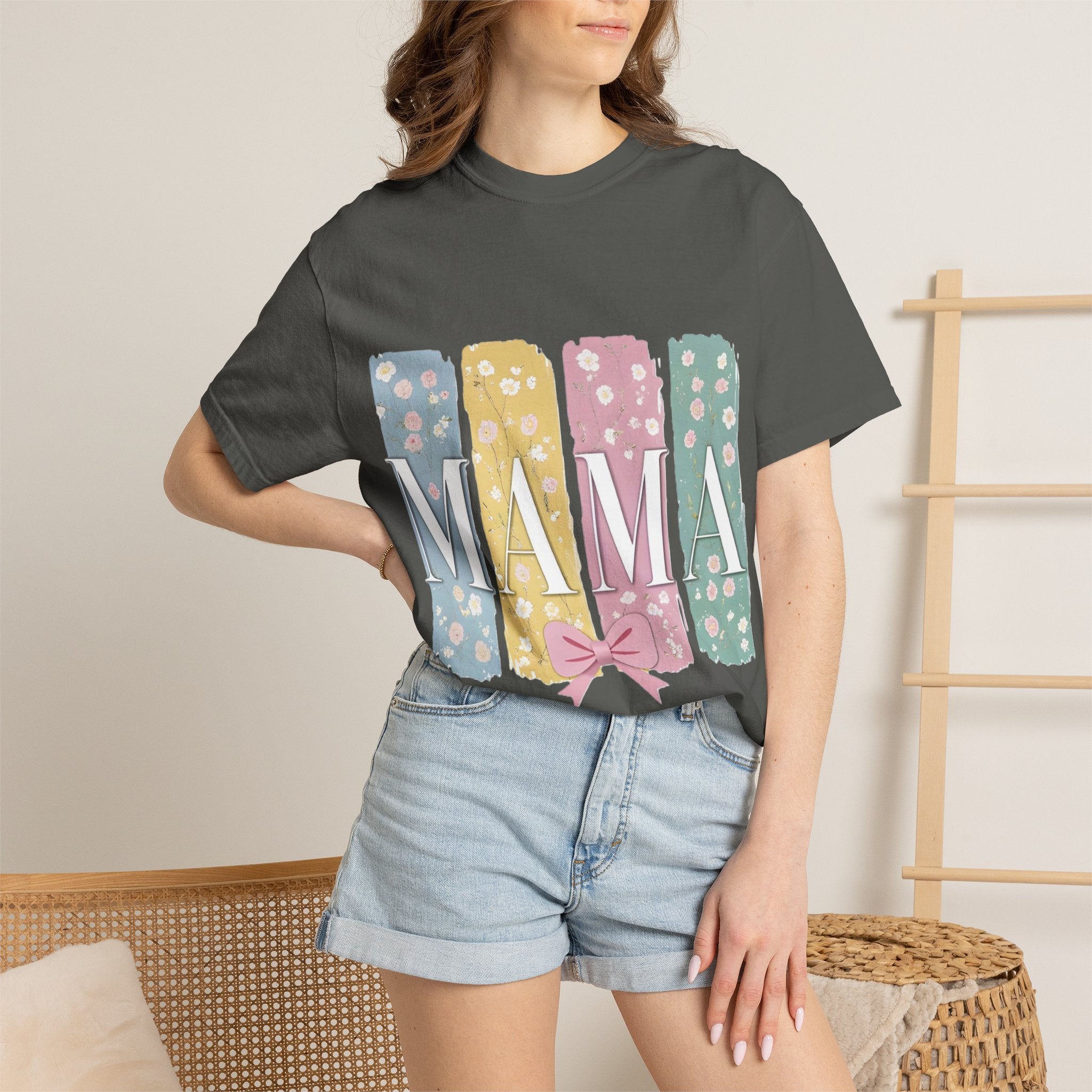 Mama Floral Stripes T-Shirt — Pastel Mom Shirt with Bow