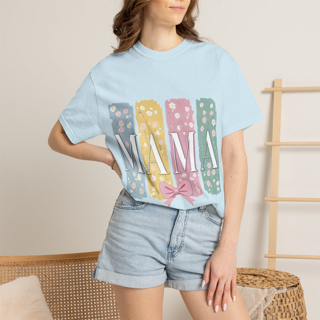 Mama Floral Stripes T-Shirt — Pastel Mom Shirt with Bow