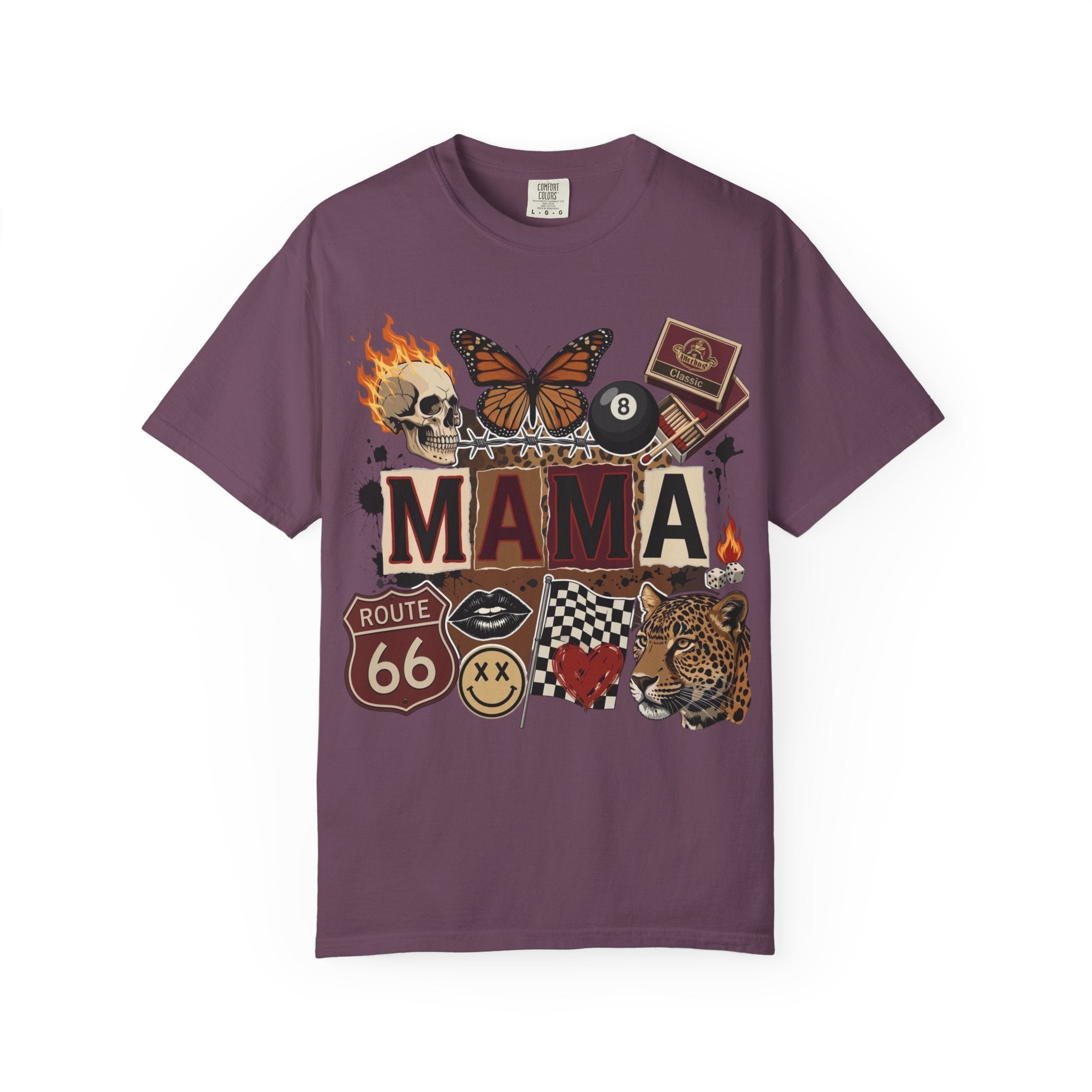 Mama Retro Patchwork Tee — Vintage Route 66, Tiger & Skull Graphic T-Shirt