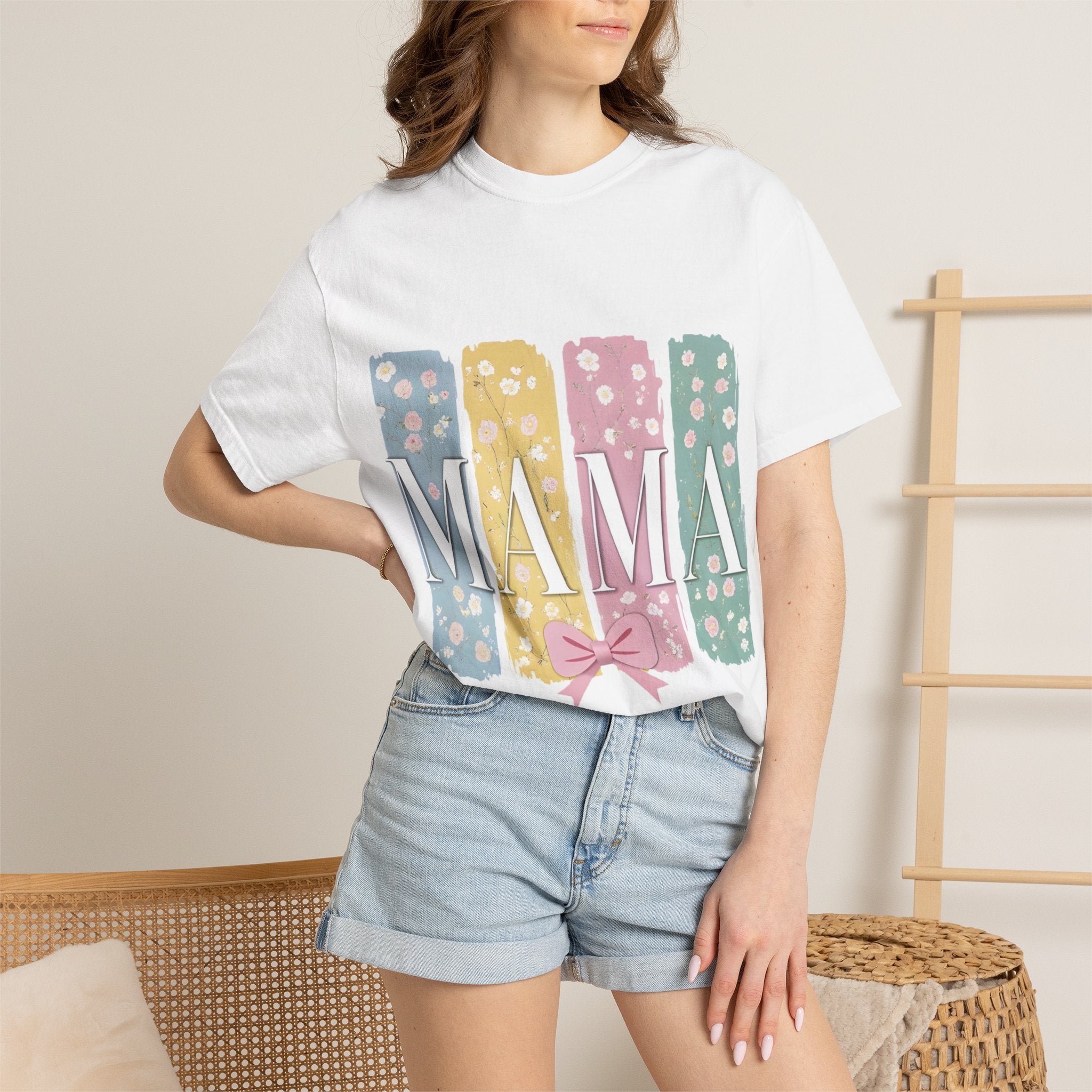 Mama Floral Stripes T-Shirt — Pastel Mom Shirt with Bow