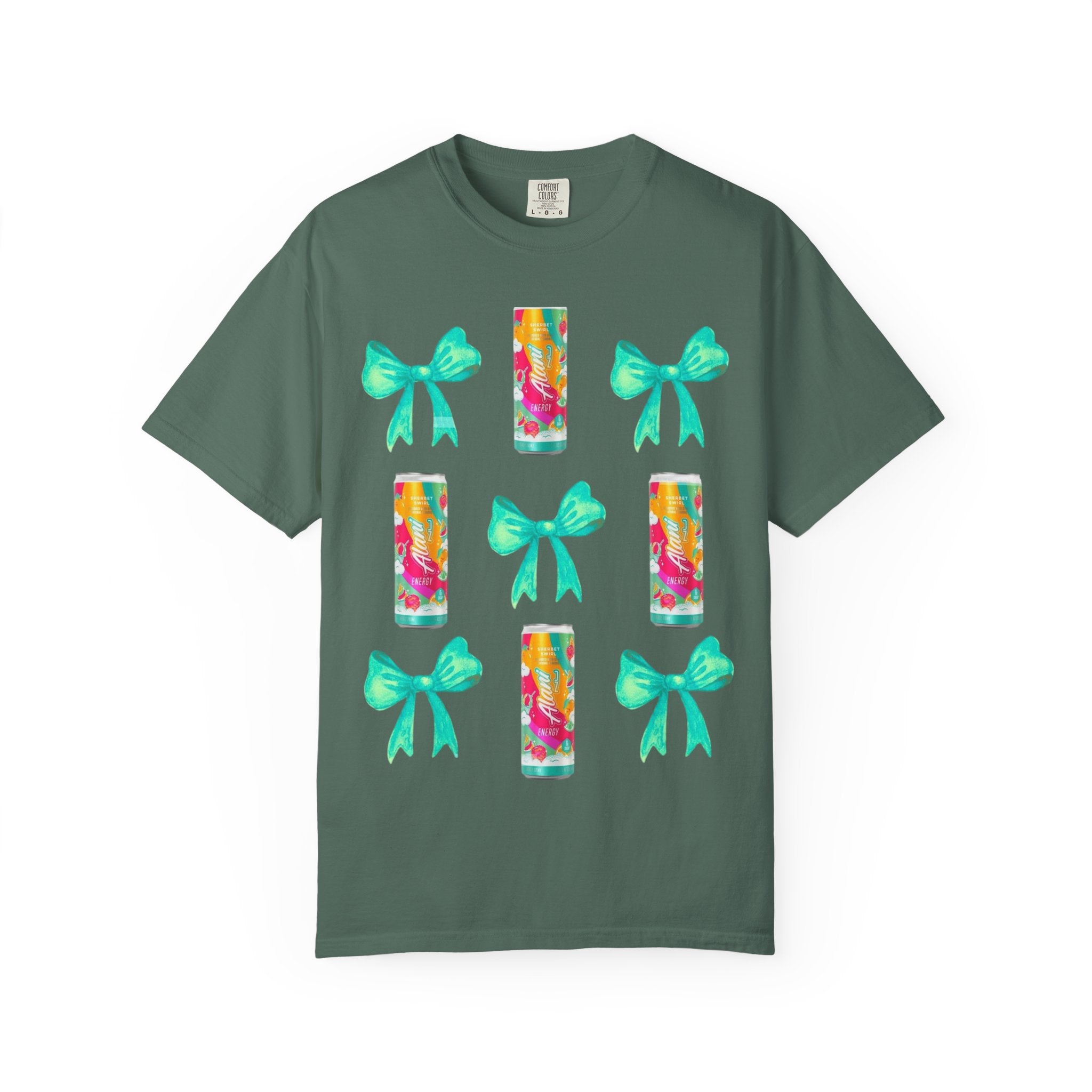 Bow & Can Pattern T-Shirt — Colorful Soda Can and Teal Bows Graphic Tee
