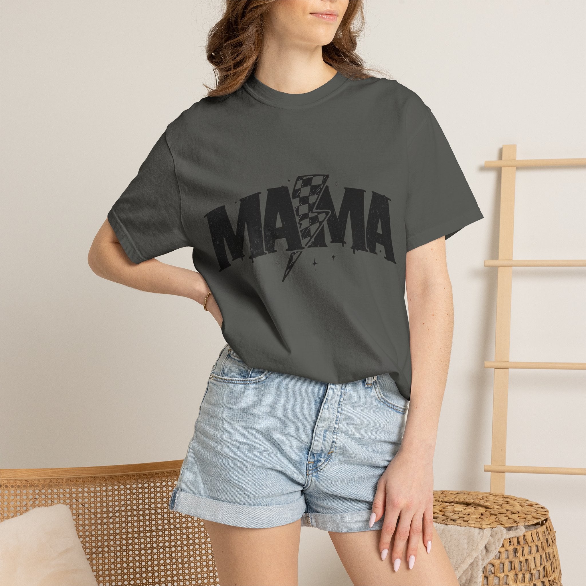 Mama Racing Graphic Tee — Checkered Lightning Mom T-Shirt