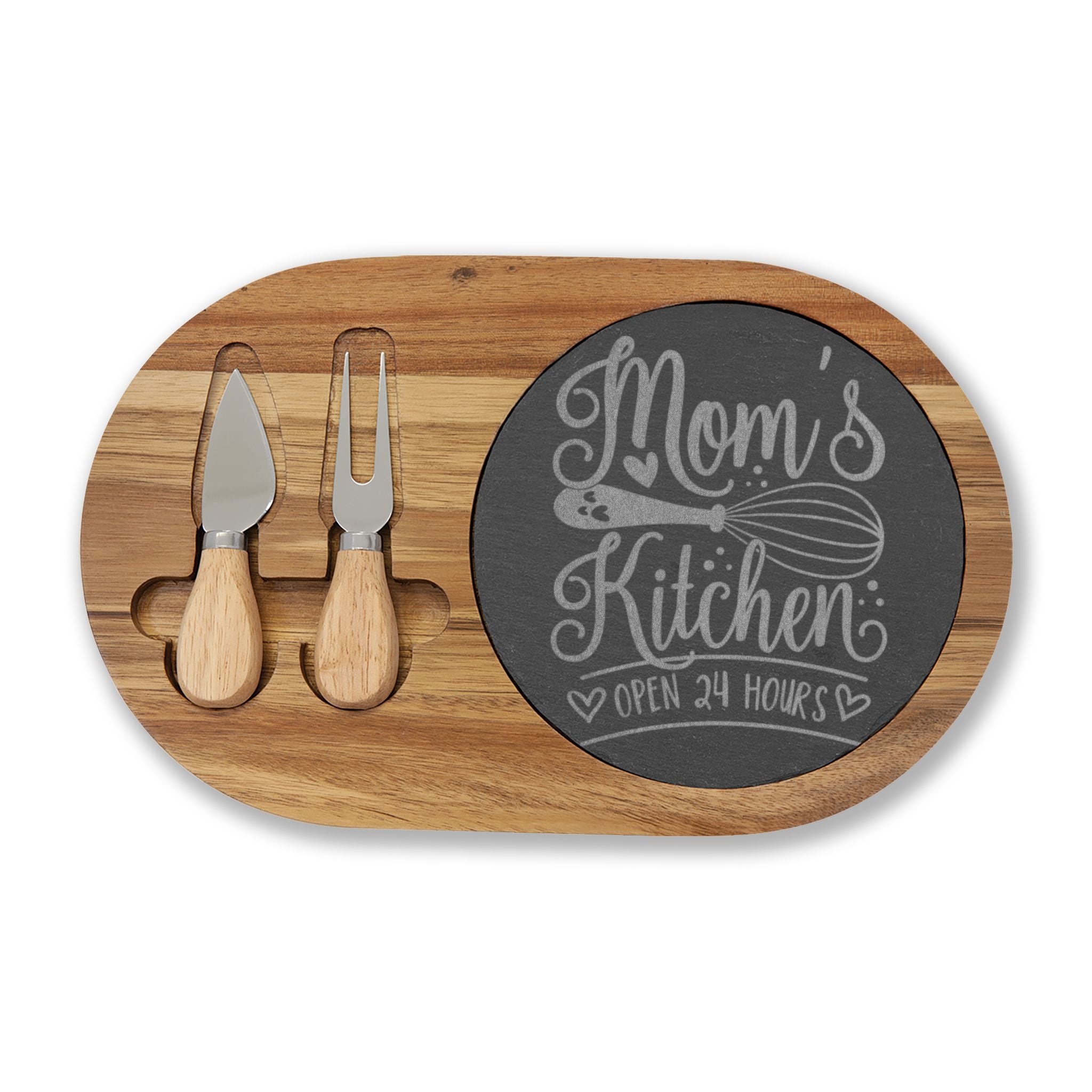 Engraved "Mom's Kitchen" Charcuterie Board with Cheese Tools