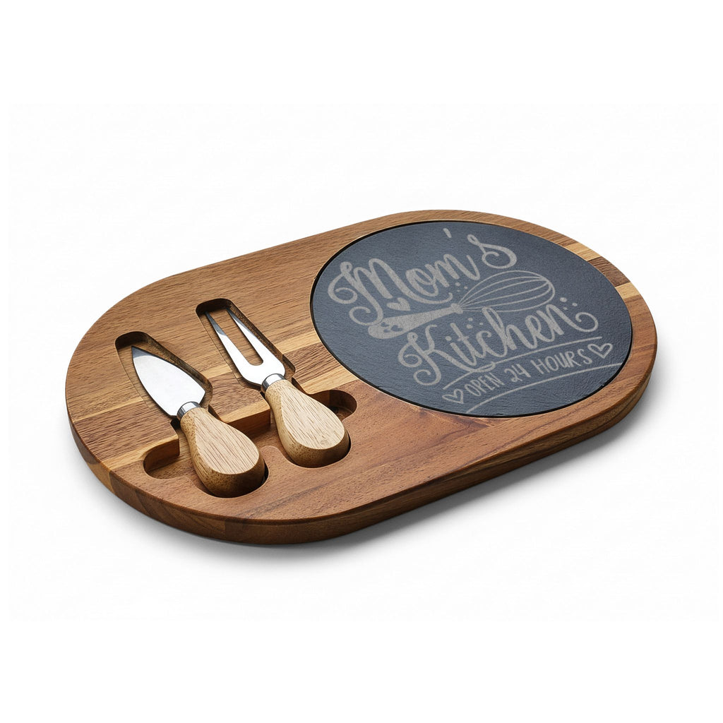 Engraved "Mom's Kitchen" Charcuterie Board with Cheese Tools