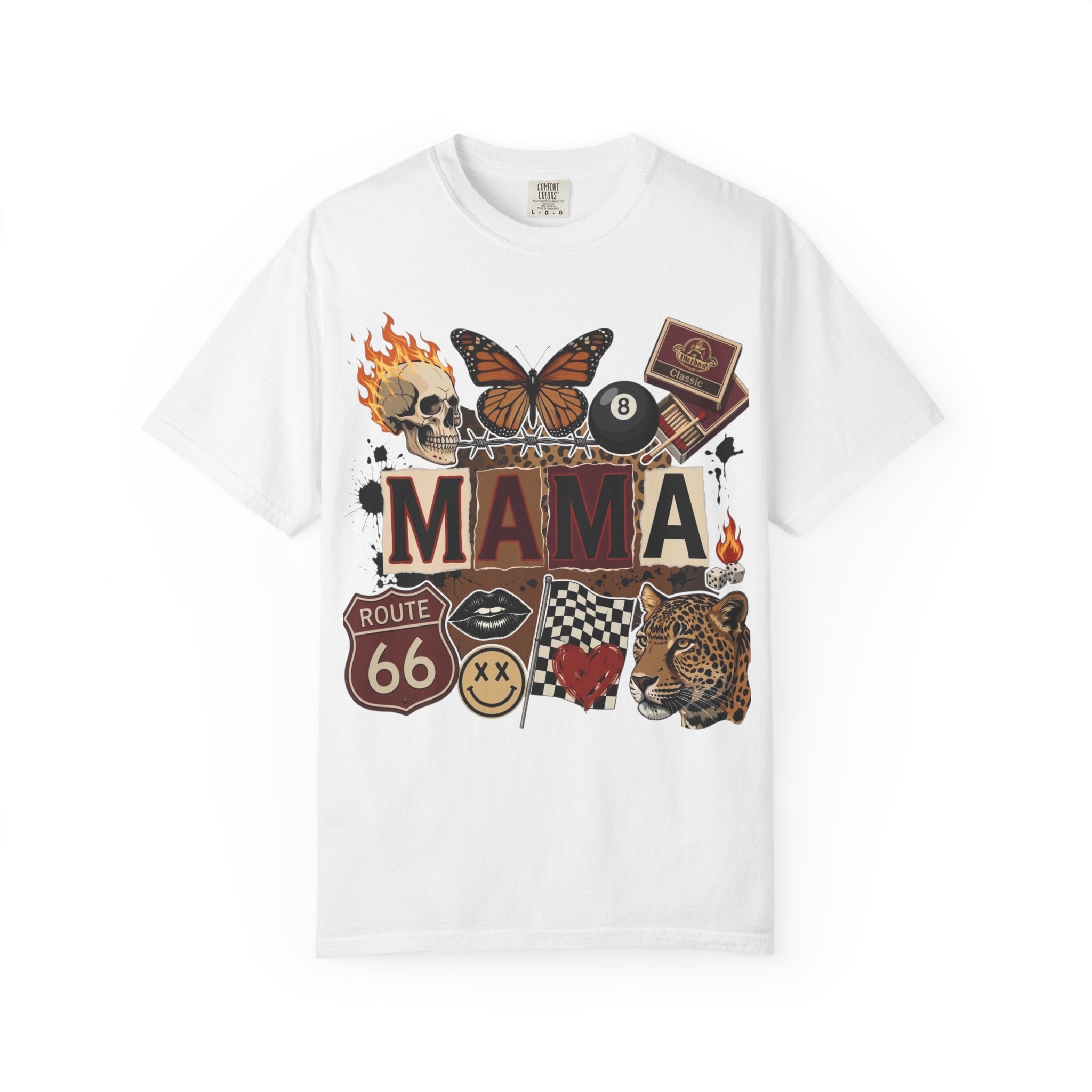 Mama Retro Patchwork Tee — Vintage Route 66, Tiger & Skull Graphic T-Shirt