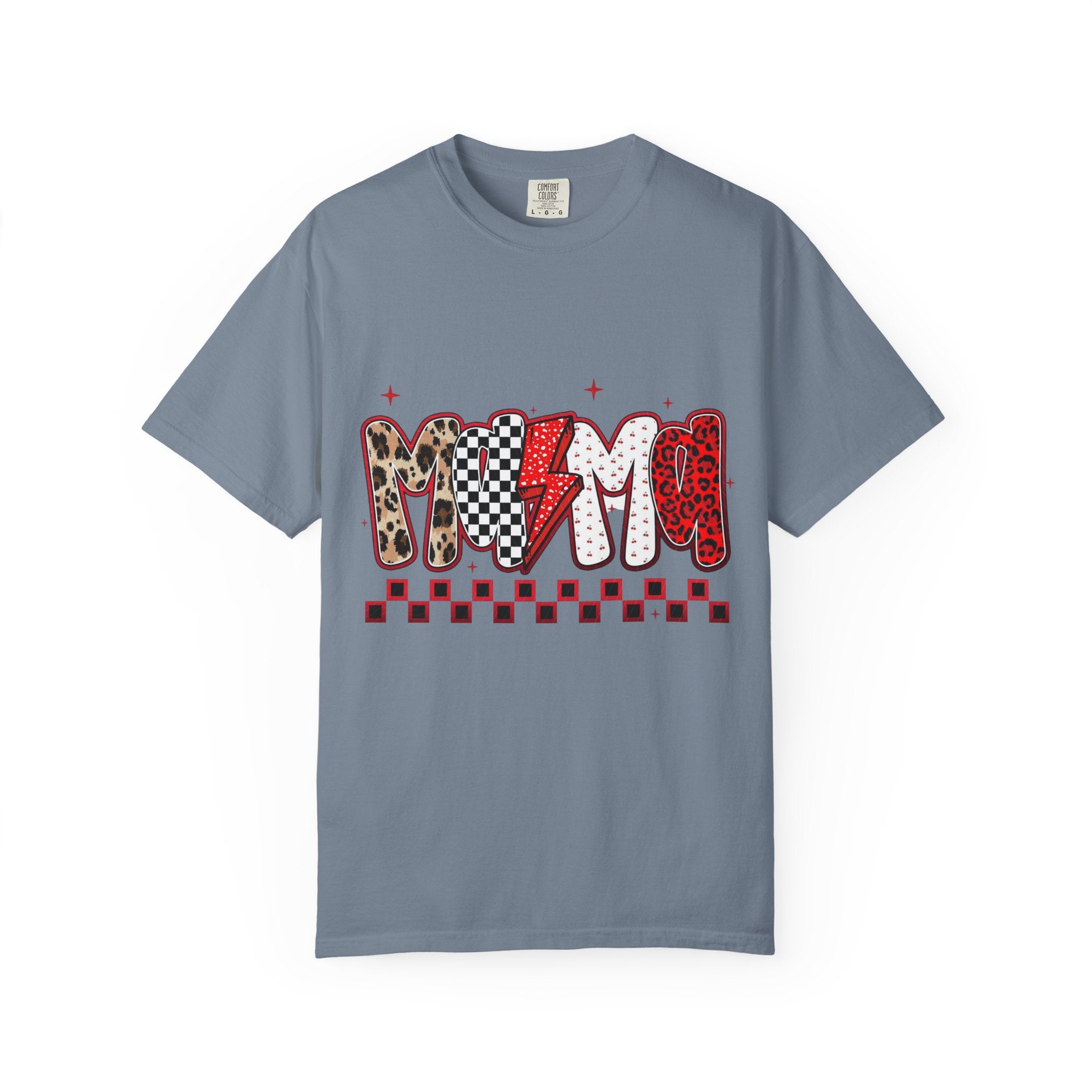 Mom Lightning Bolt Graphic T-Shirt — Retro Checker & Leopard Print Cute Mom Tee