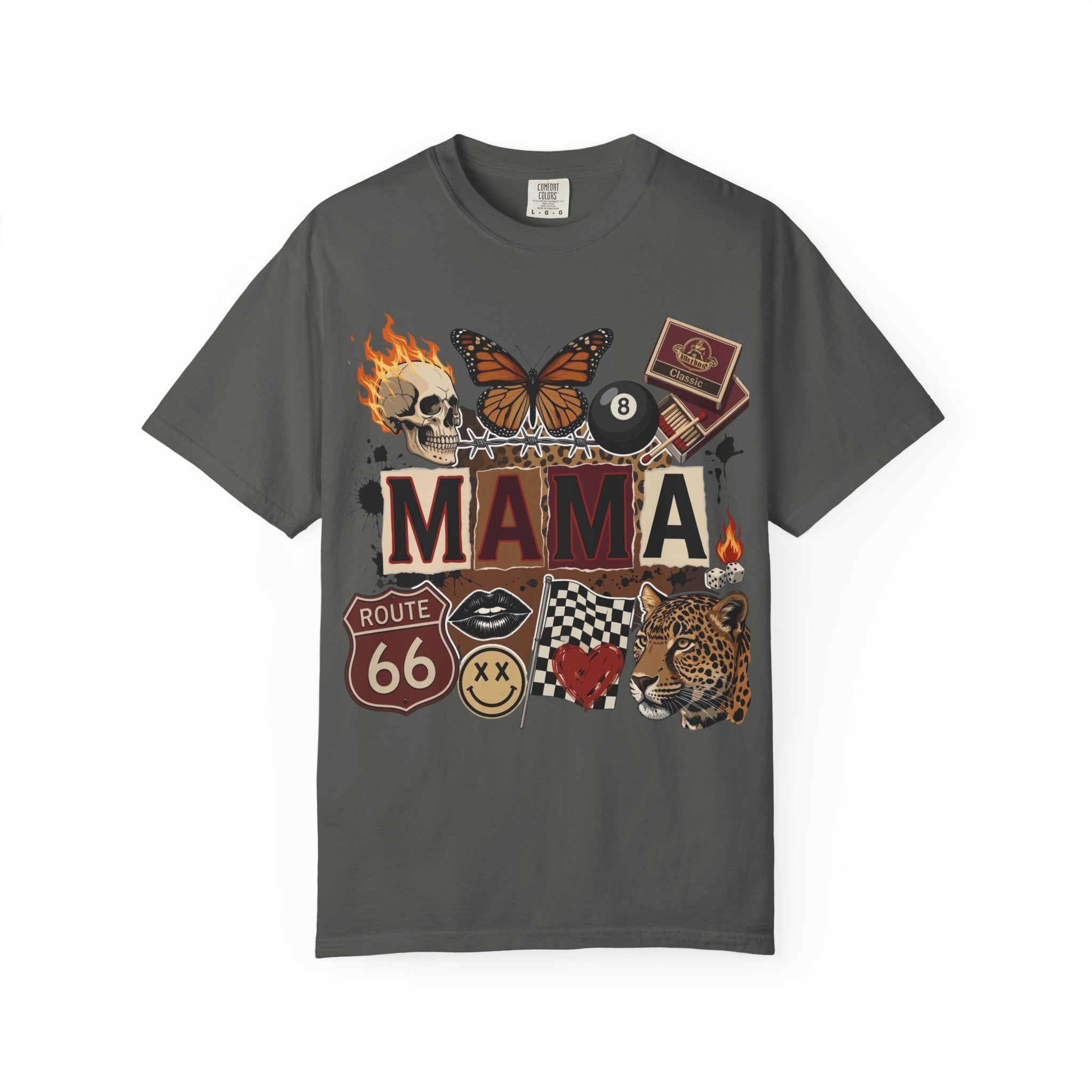 Mama Retro Patchwork Tee — Vintage Route 66, Tiger & Skull Graphic T-Shirt