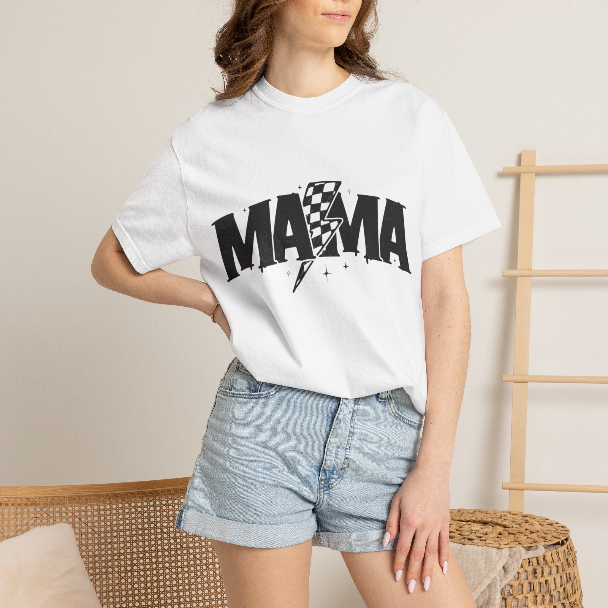 Mama Racing Graphic Tee — Checkered Lightning Mom T-Shirt