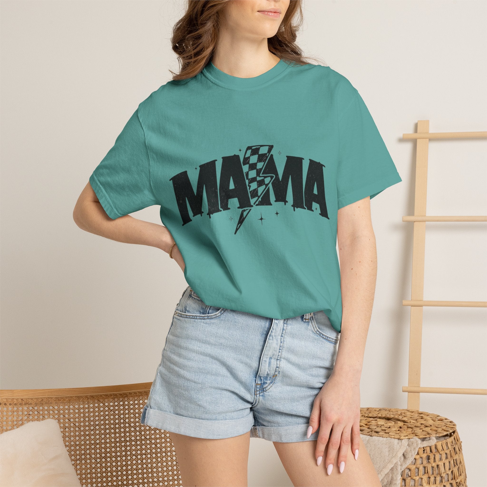 Mama Racing Graphic Tee — Checkered Lightning Mom T-Shirt