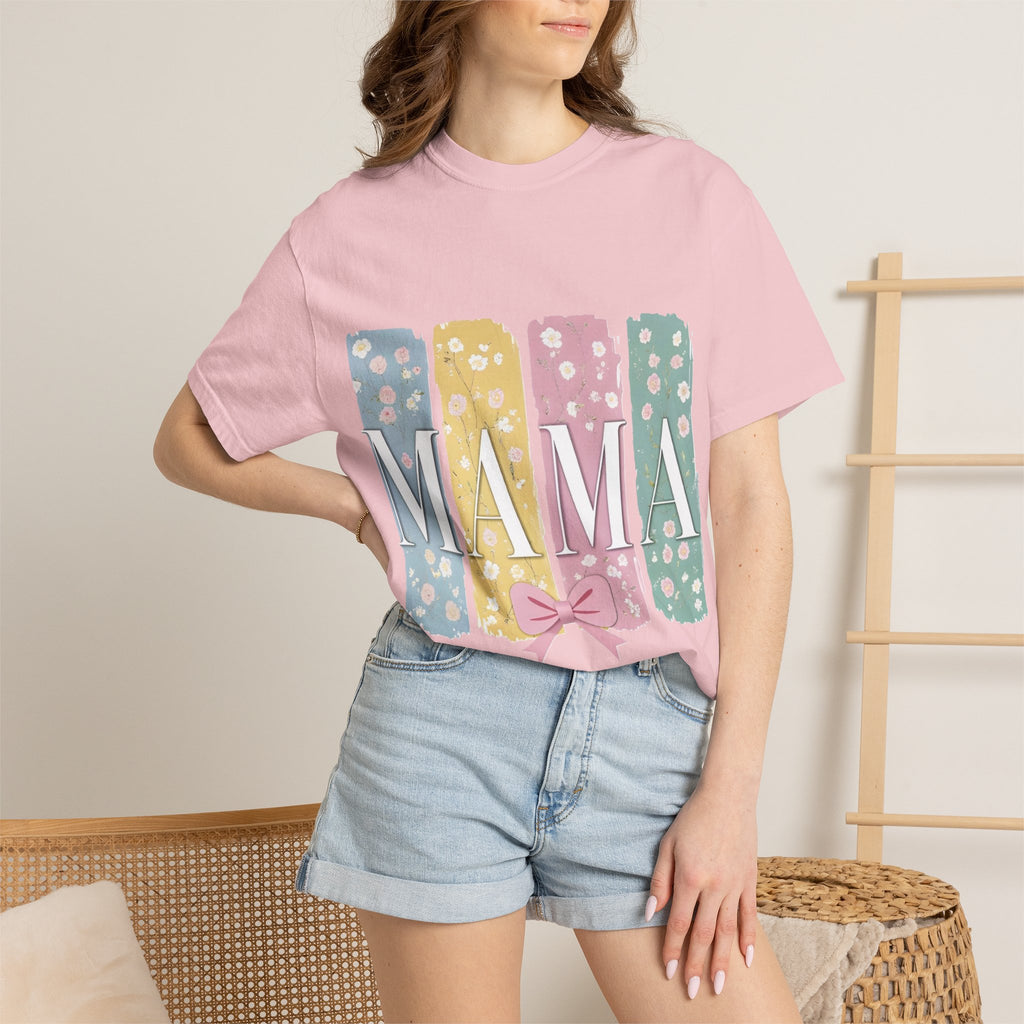 Mama Floral Stripes T-Shirt — Pastel Mom Shirt with Bow
