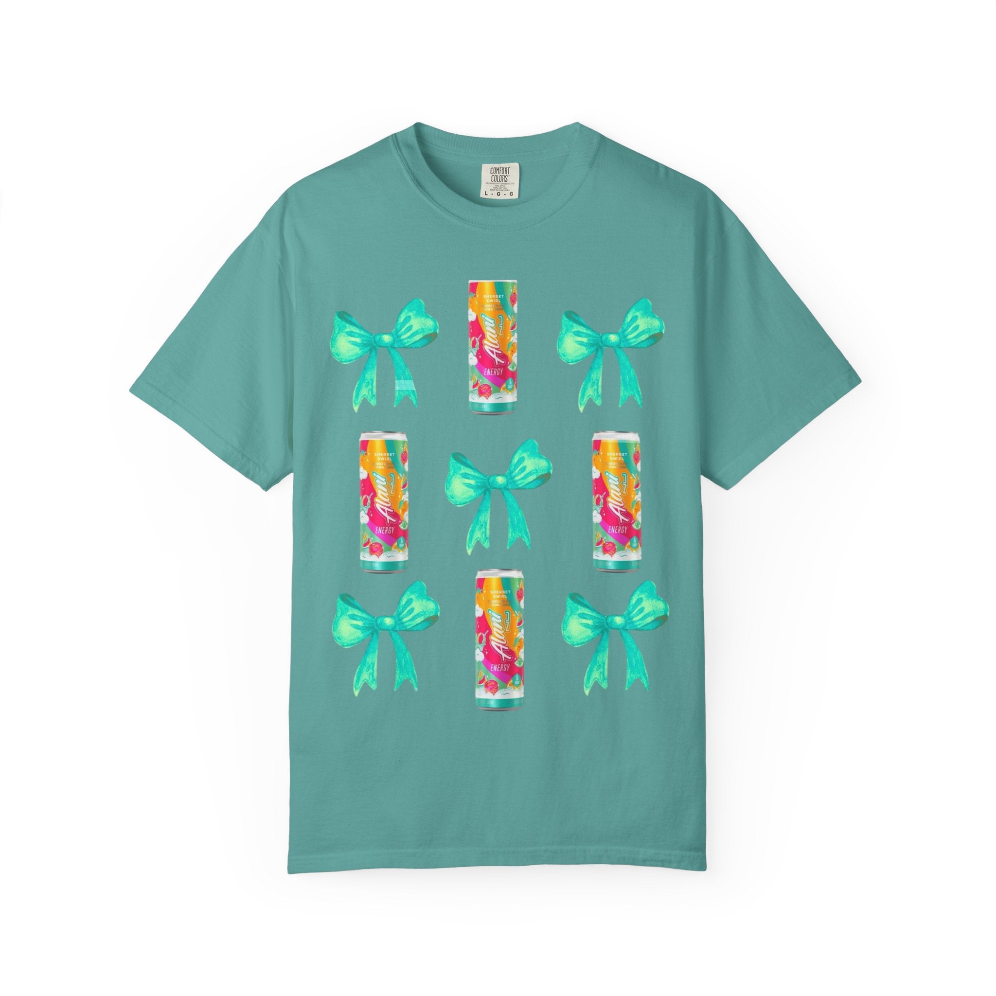 Bow & Can Pattern T-Shirt — Colorful Soda Can and Teal Bows Graphic Tee