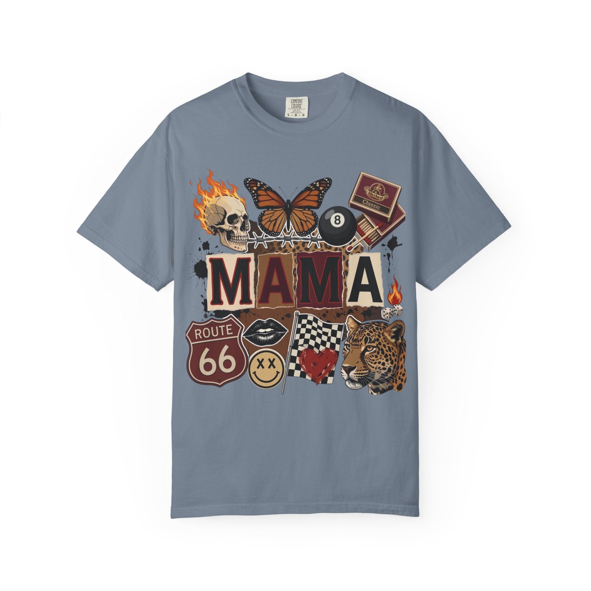 Mama Retro Patchwork Tee — Vintage Route 66, Tiger & Skull Graphic T-Shirt