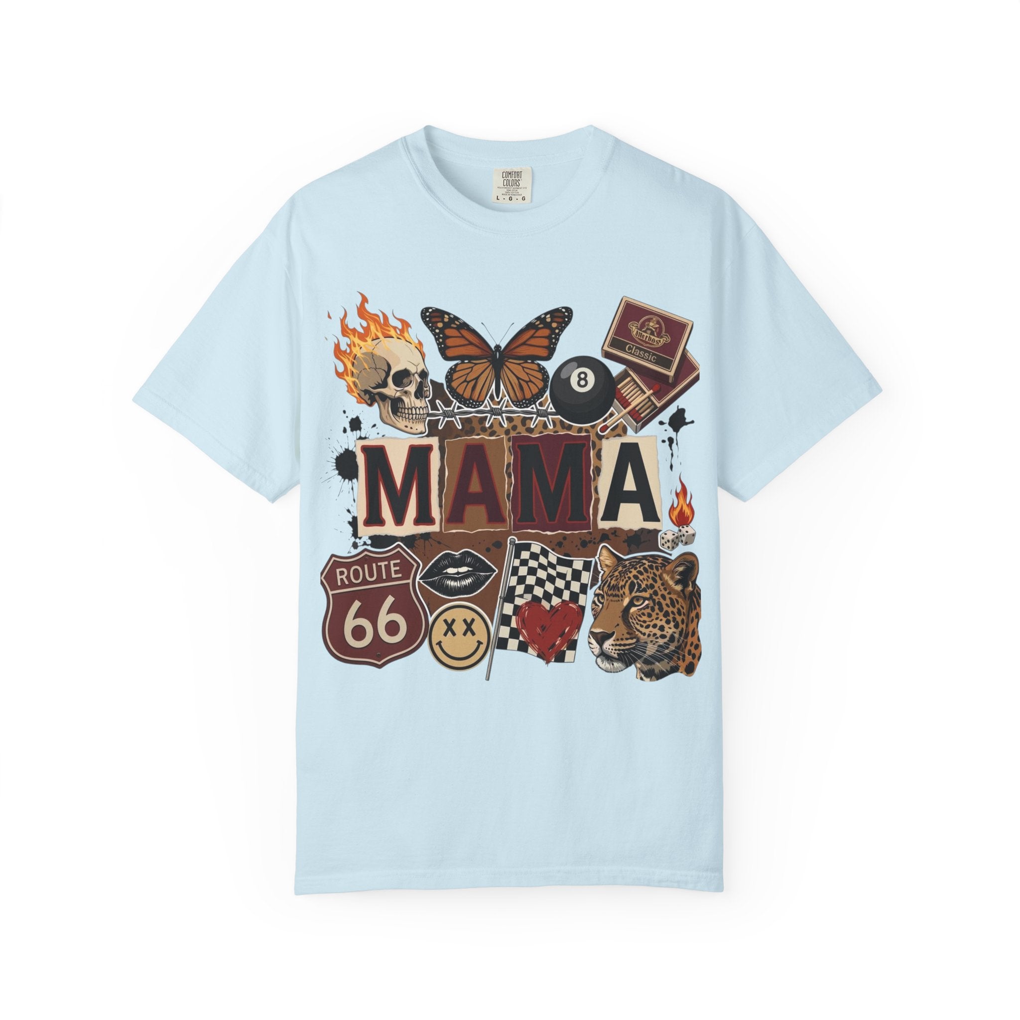 Mama Retro Patchwork Tee — Vintage Route 66, Tiger & Skull Graphic T-Shirt