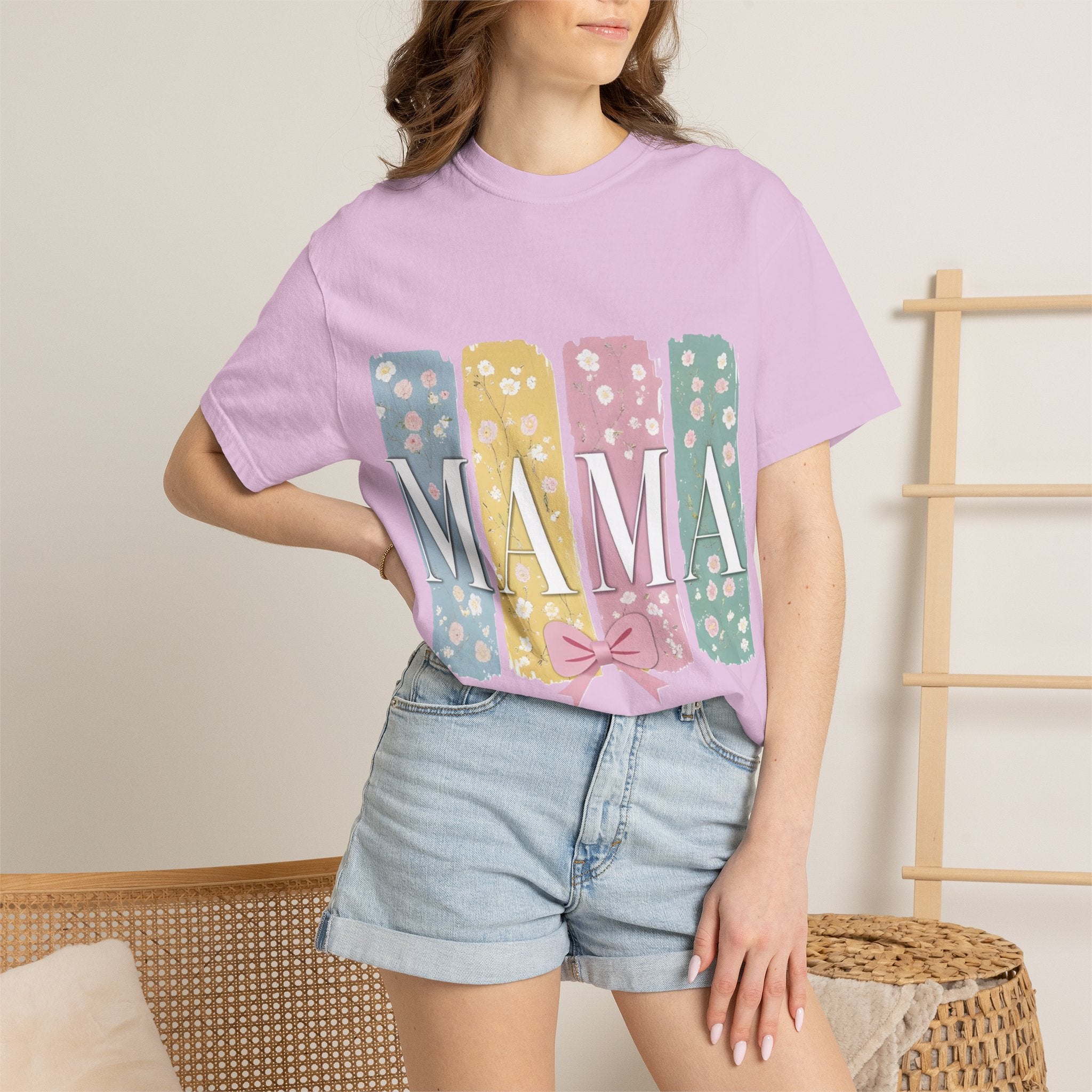 Mama Floral Stripes T-Shirt — Pastel Mom Shirt with Bow