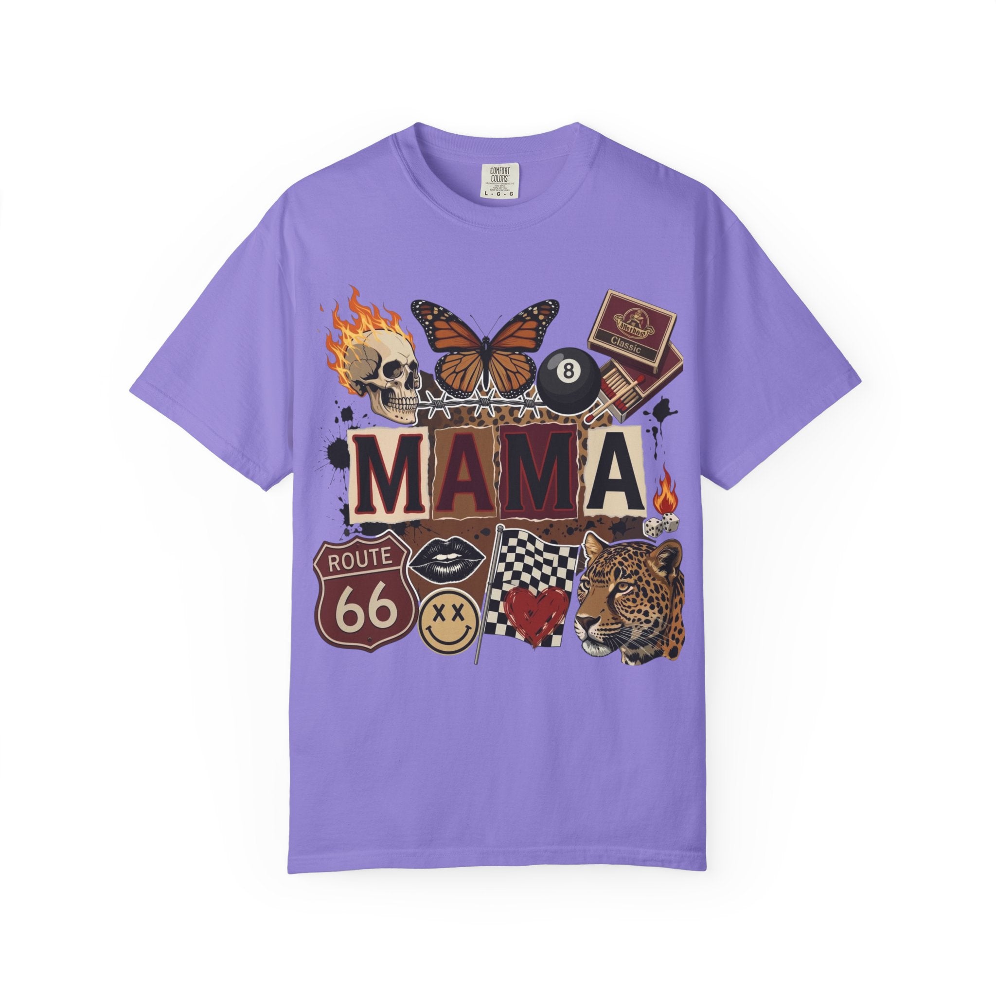 Mama Retro Patchwork Tee — Vintage Route 66, Tiger & Skull Graphic T-Shirt