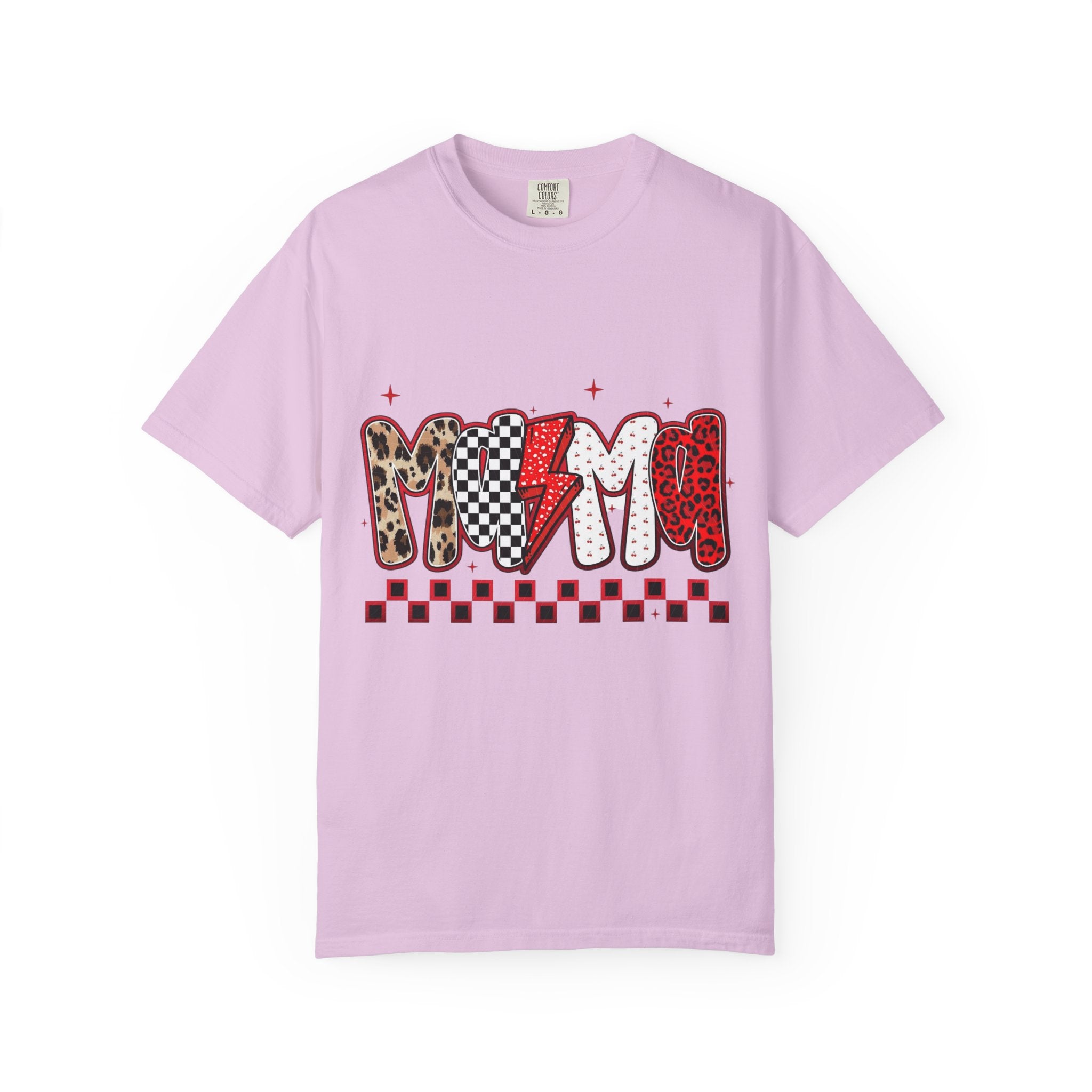 Mom Lightning Bolt Graphic T-Shirt — Retro Checker & Leopard Print Cute Mom Tee