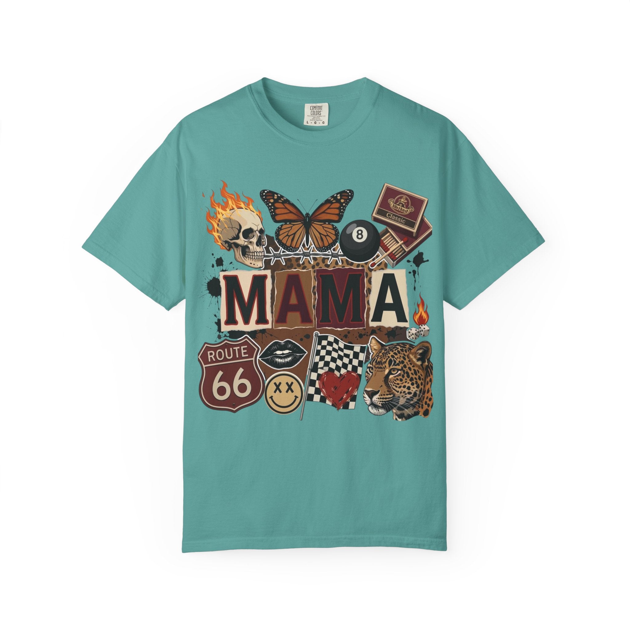 Mama Retro Patchwork Tee — Vintage Route 66, Tiger & Skull Graphic T-Shirt