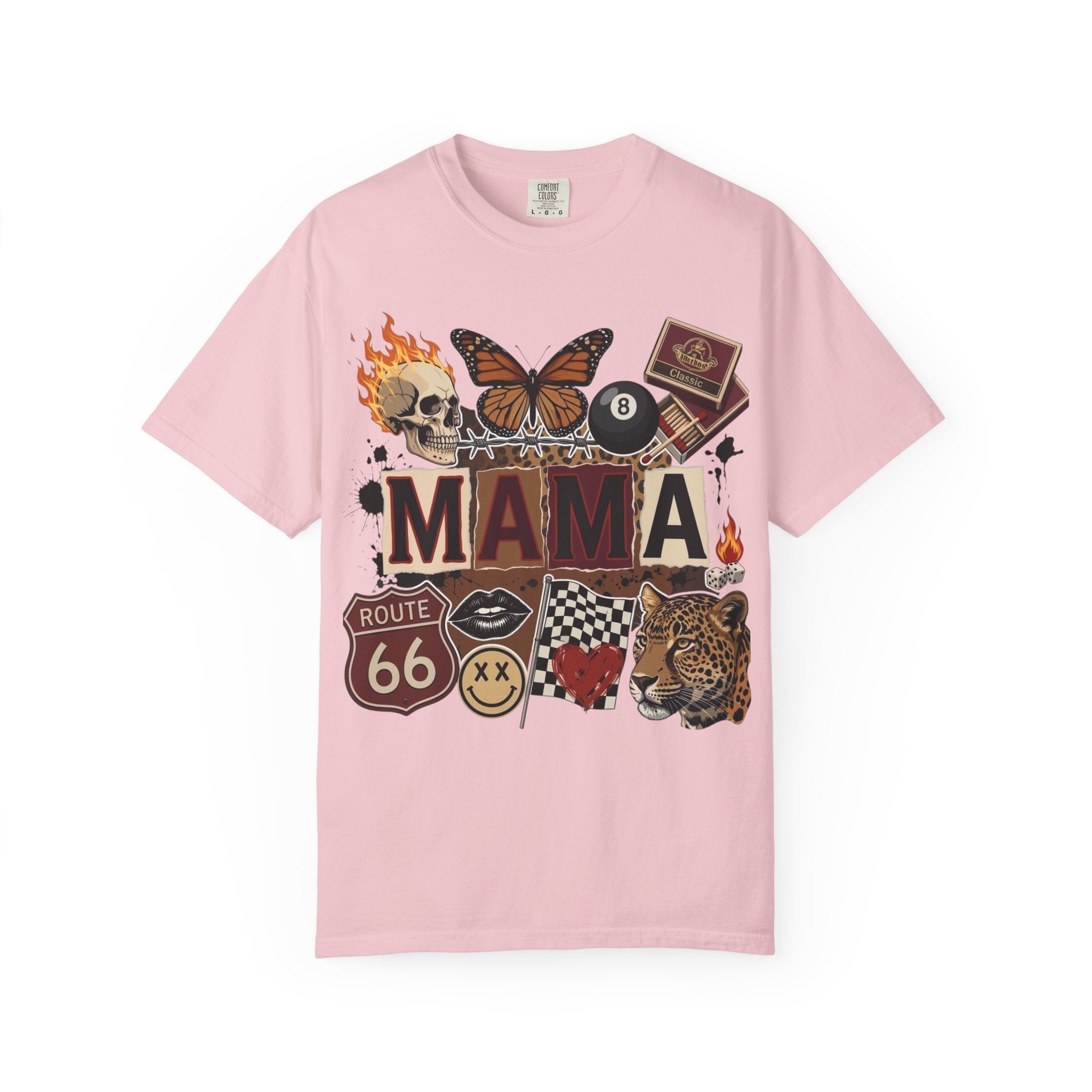 Mama Retro Patchwork Tee — Vintage Route 66, Tiger & Skull Graphic T-Shirt