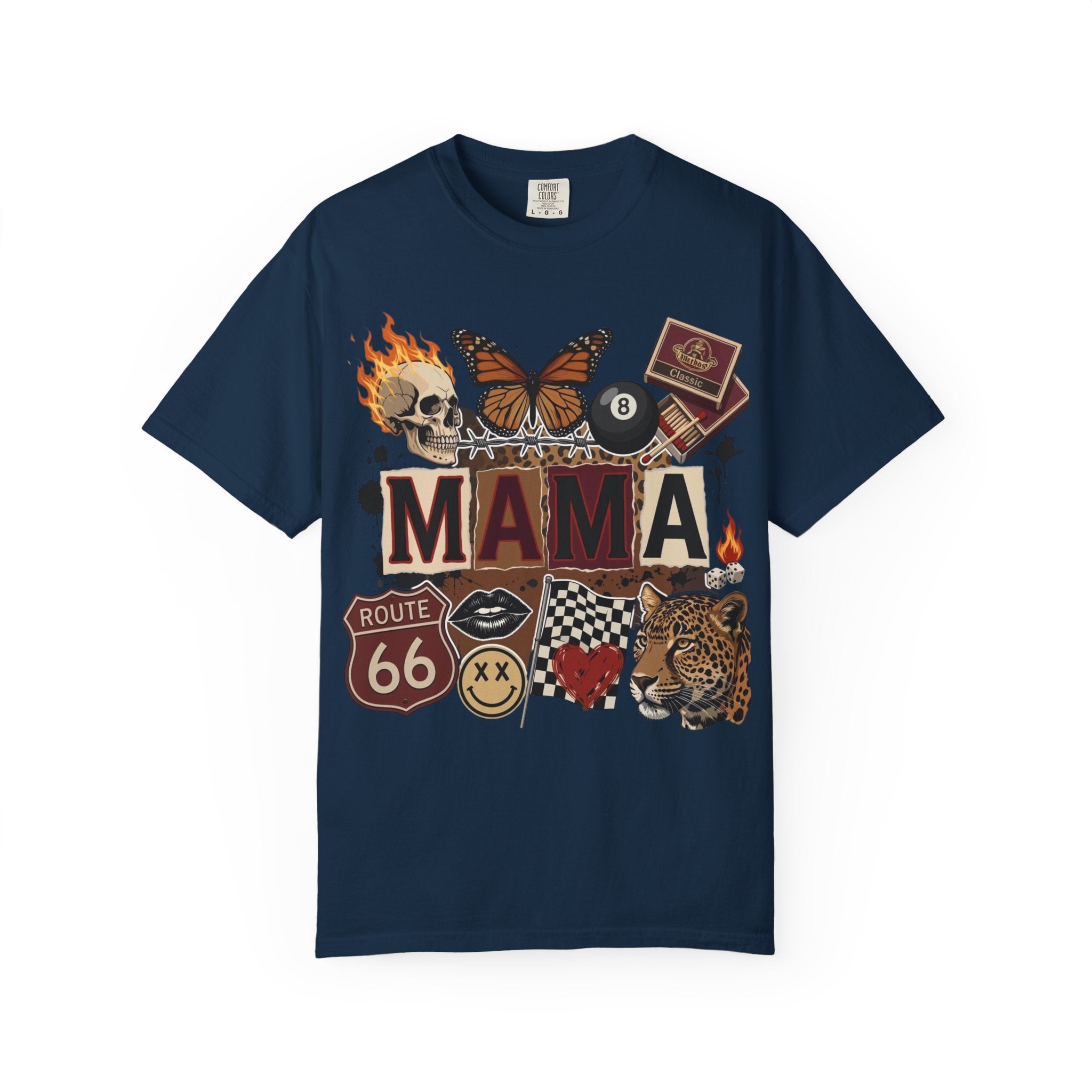 Mama Retro Patchwork Tee — Vintage Route 66, Tiger & Skull Graphic T-Shirt