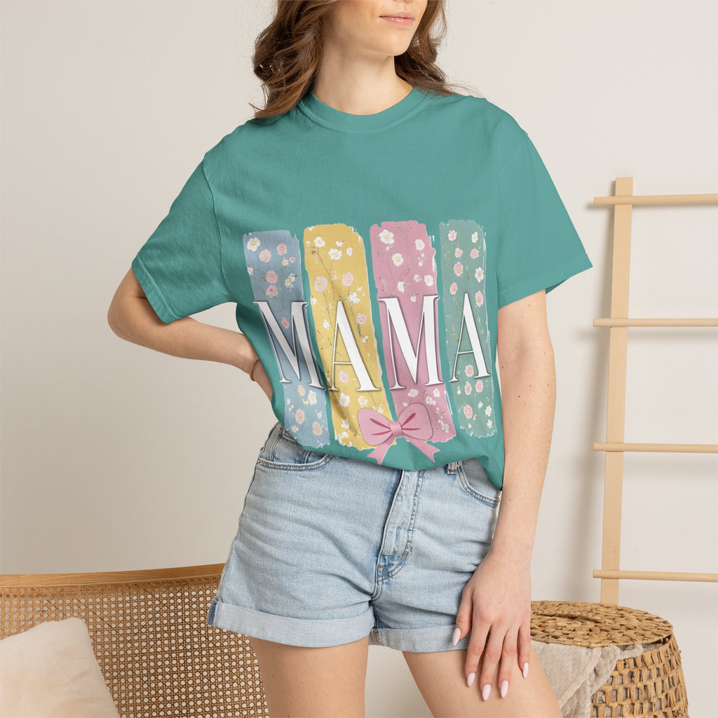 Mama Floral Stripes T-Shirt — Pastel Mom Shirt with Bow