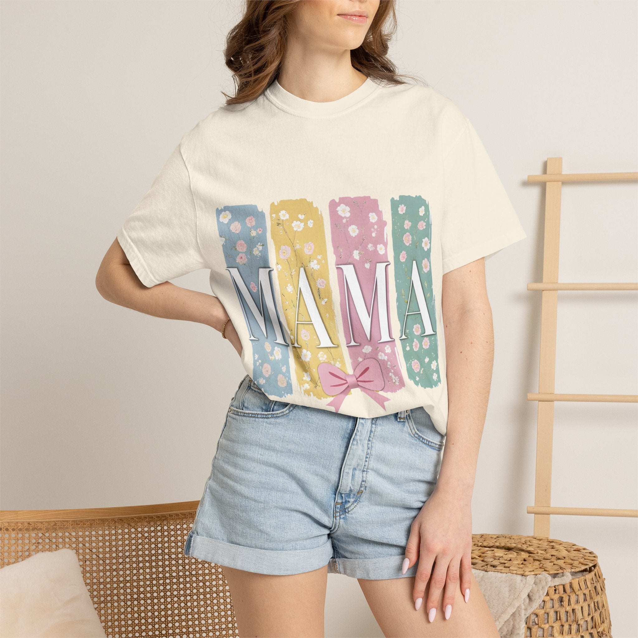 Mama Floral Stripes T-Shirt — Pastel Mom Shirt with Bow