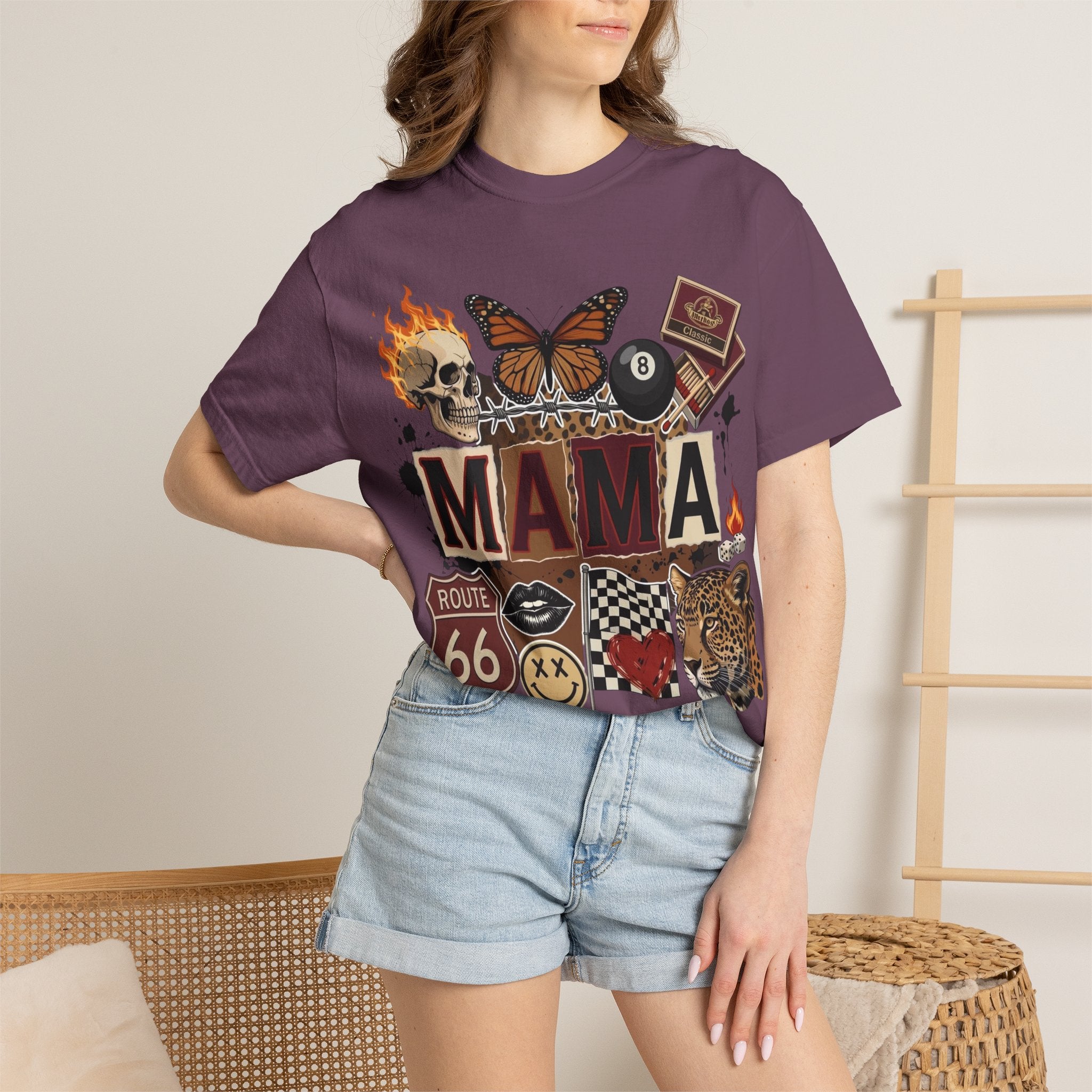 Mama Retro Patchwork Tee — Vintage Route 66, Tiger & Skull Graphic T-Shirt