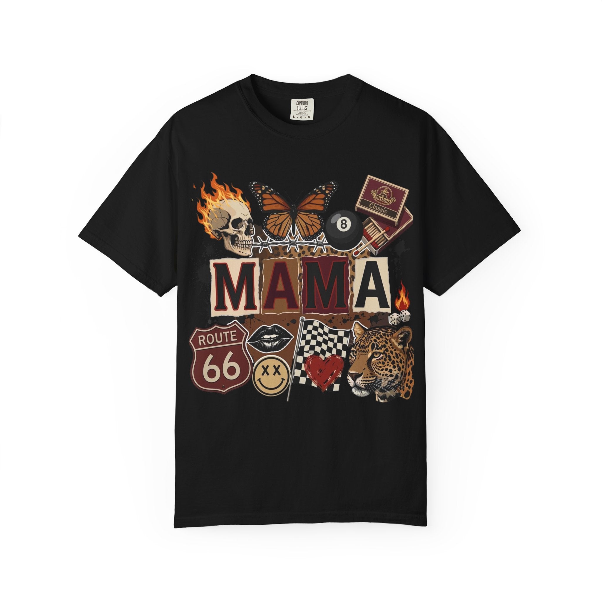 Mama Retro Patchwork Tee — Vintage Route 66, Tiger & Skull Graphic T-Shirt