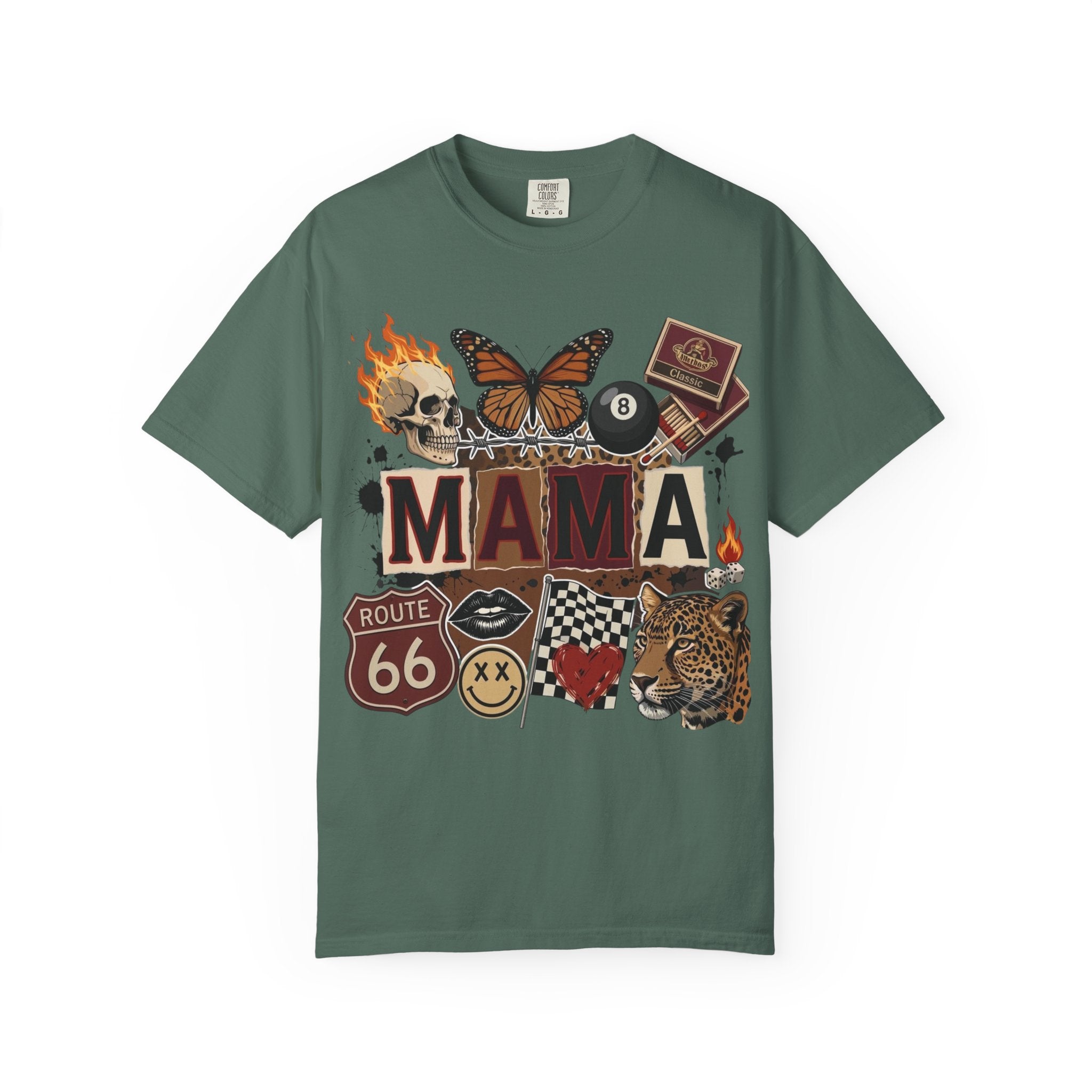 Mama Retro Patchwork Tee — Vintage Route 66, Tiger & Skull Graphic T-Shirt