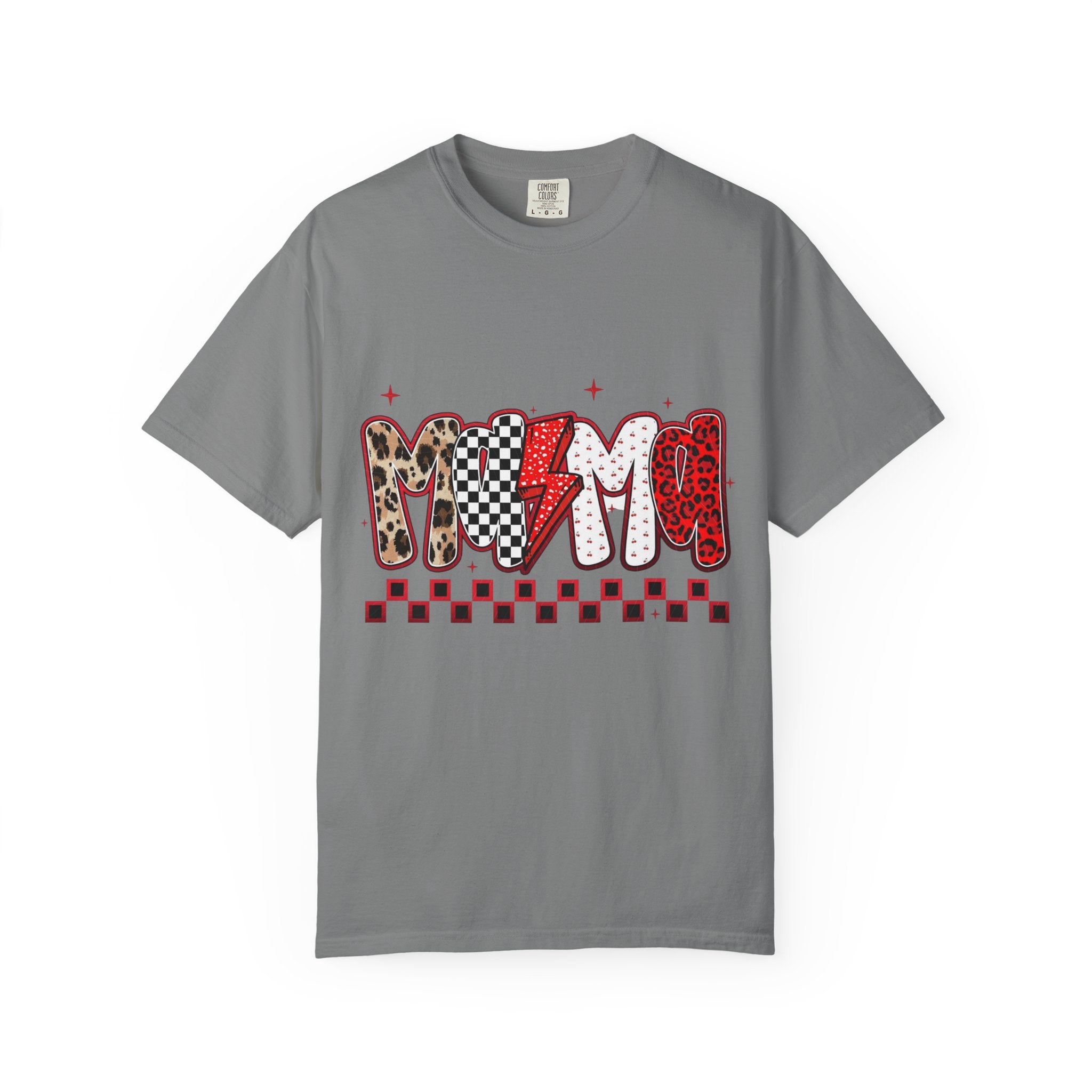 Mom Lightning Bolt Graphic T-Shirt — Retro Checker & Leopard Print Cute Mom Tee