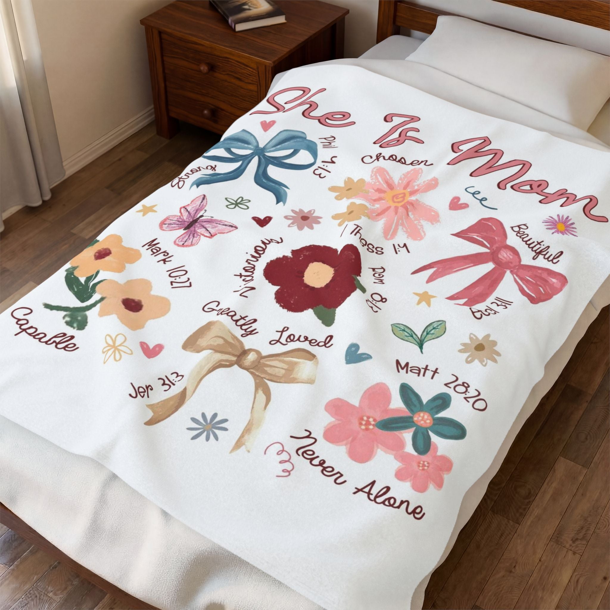 Velveteen Plush Blanket — "She Is Mom" Floral Comfort Throw